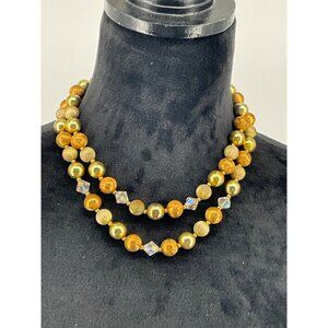 Vintage Lisner Gold-Tone Double Strand Necklace With Textured Beads & Faceted Ac